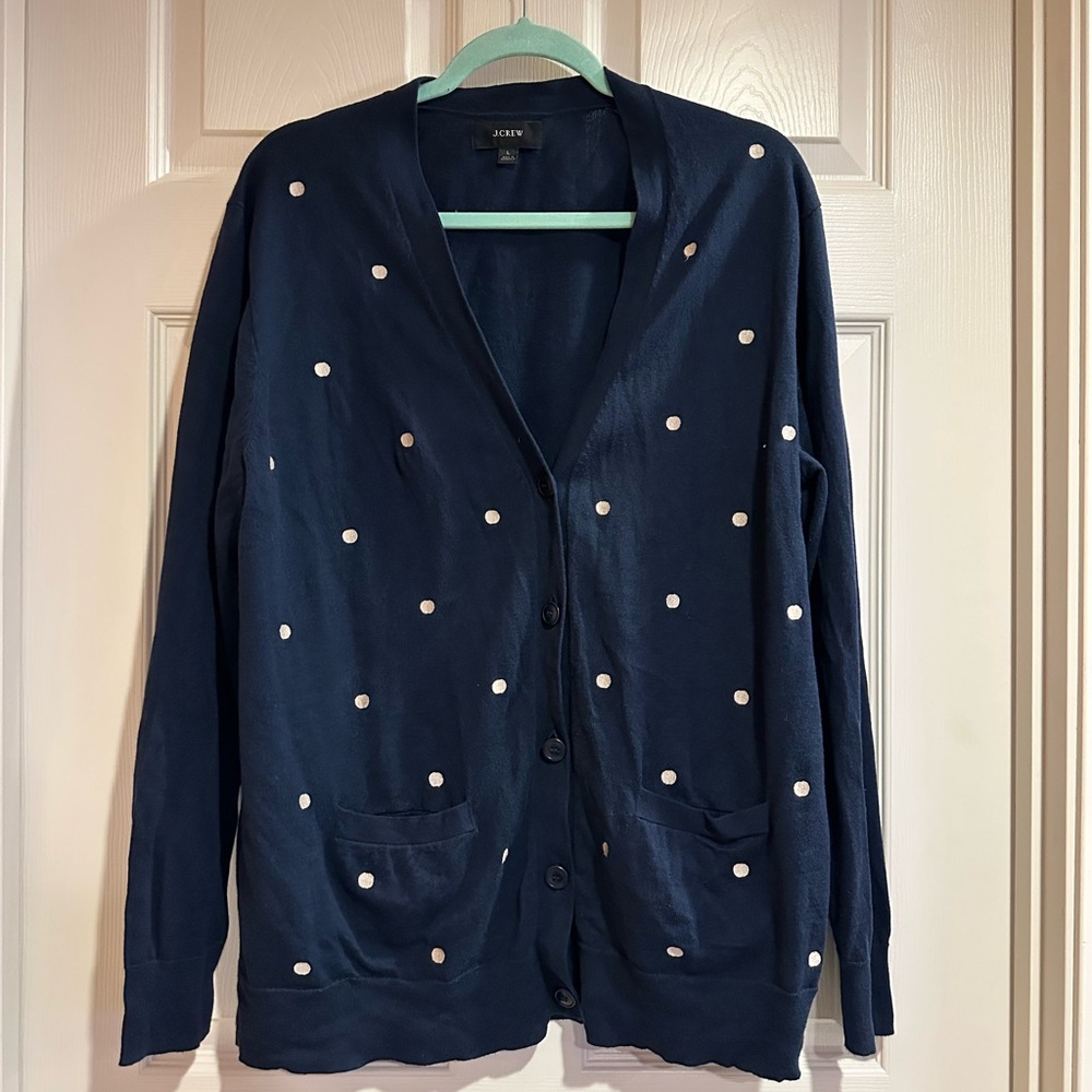 J. Crew Navy Polka Dot Button-Front Cardigan